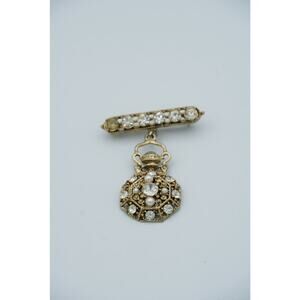 Vintage Rhinestone Faux Pearl Brooch Pocket Watch Design Dangle Bar Pin